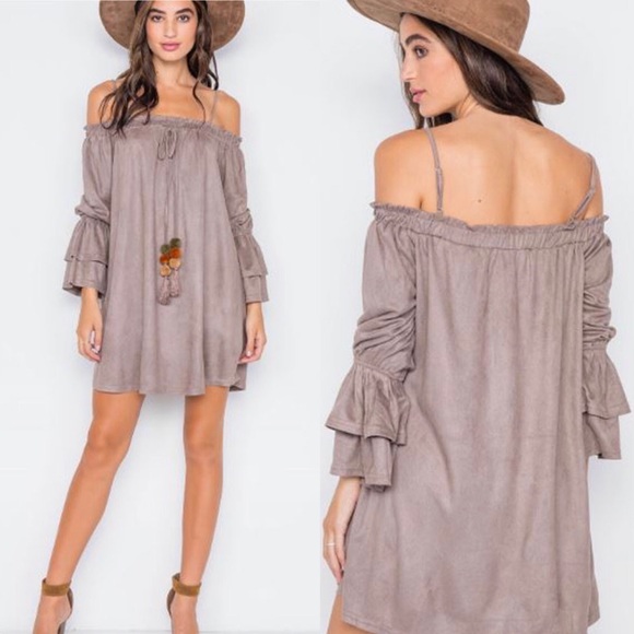 LoveRiche Boho Faux Suede Off Shoulder Mini Dress - Picture 1 of 3